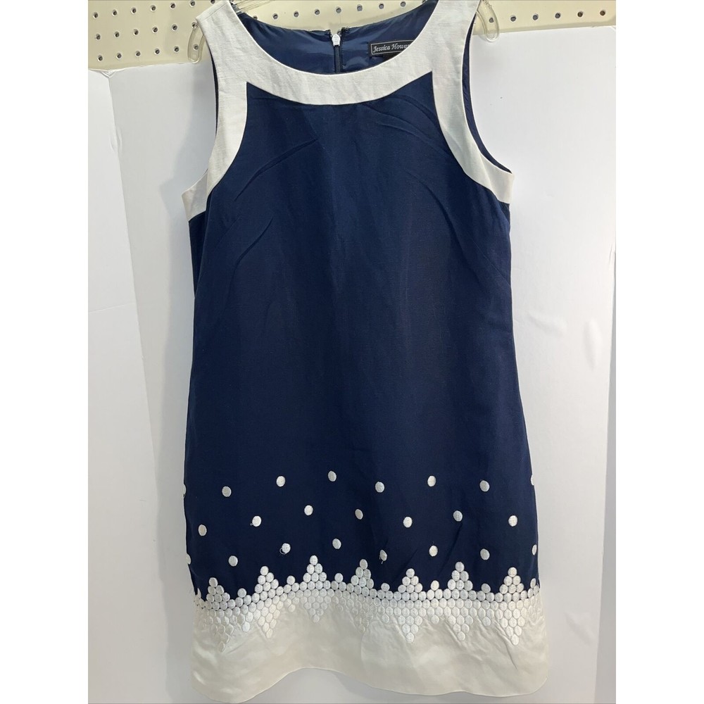 J. HOWARD Linen Blend White Black Polka Dot Dress Size 6 Lined Geo Embroidered